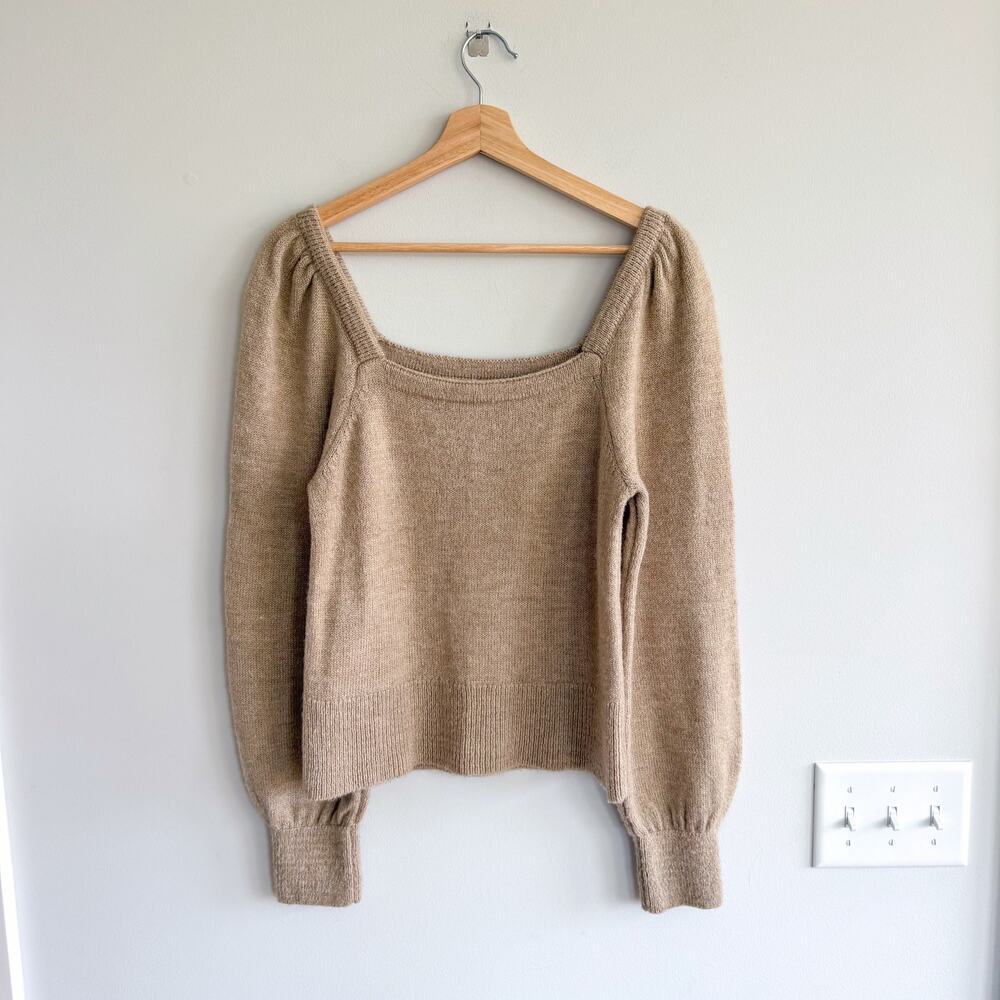 Anthropologie Square Neck Puff Sleeve Knit Sweater Tan M - Picture 2 of 10
